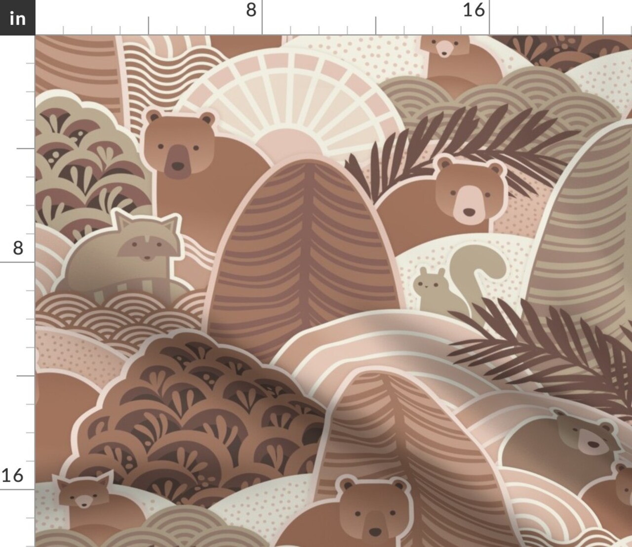 Bears Autumn Nature Earth Tone Animals Woodland Raccoon Squirrel Trees Abstract Geometric Soft Brown Kids Room Custom Printed Fabric by Spoonflower Various Fabrics by the Yard or Fat Quarter